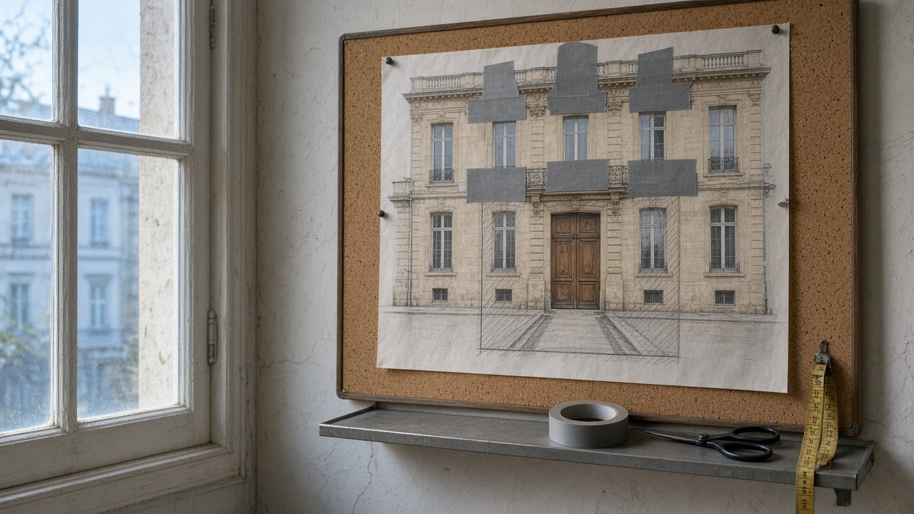 Photo de façade épinglée, calque, rectangle graphite sur le portail, scotch gris sur les fenêtres et le balcon d’à côté