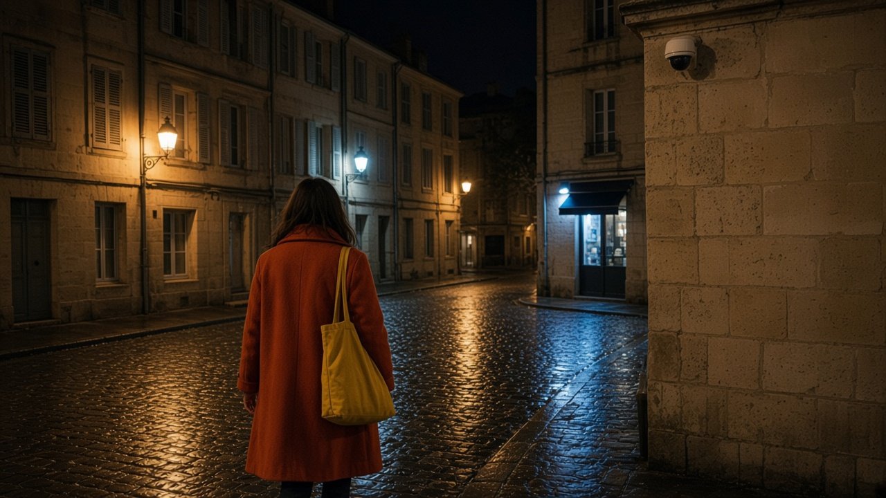 Manteau rouille et sac jaune sous un lampadaire sodium, dôme en corniche