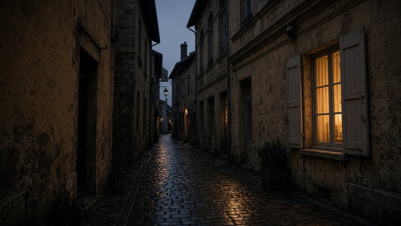 Ruelle pavée, fenêtre éclairée dans l’ombre