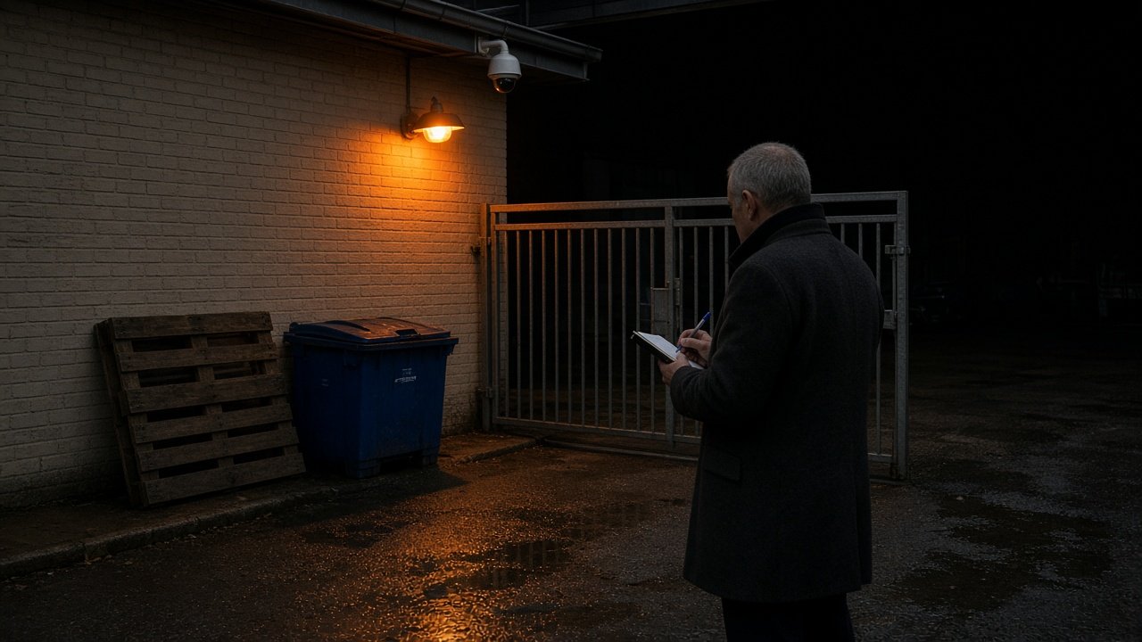 Cour d’entrepôt à 22 h : carnet, lampadaire sodium, portail acier, dôme sous la corniche, le parking derrière est noir